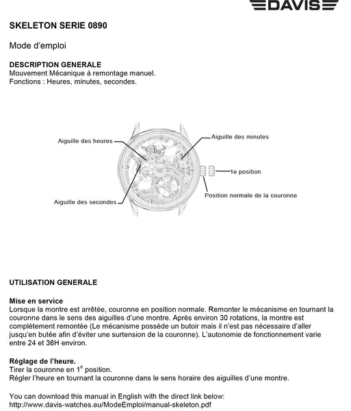 instructions for use Skeleton watch serie 0890 Davis